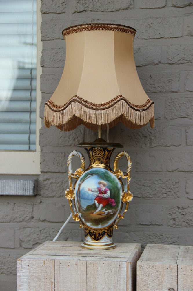 Antique French vieux paris porcelain hand paint boy dog scene vase lamp shade