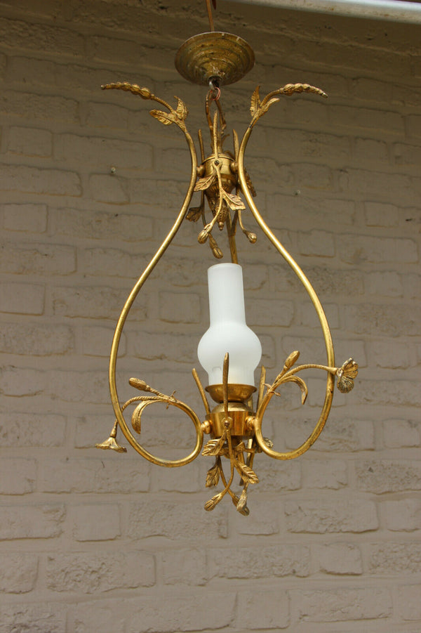 French Brass opaline glass Chandelier pendant lamp floral decor 1950