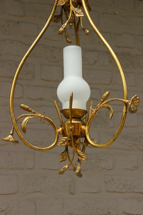 French Brass opaline glass Chandelier pendant lamp floral decor 1950