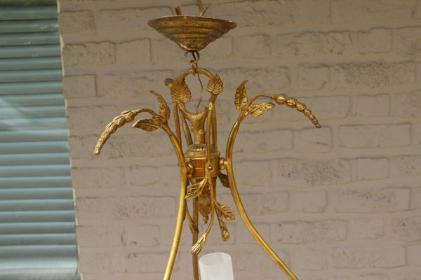 French Brass opaline glass Chandelier pendant lamp floral decor 1950