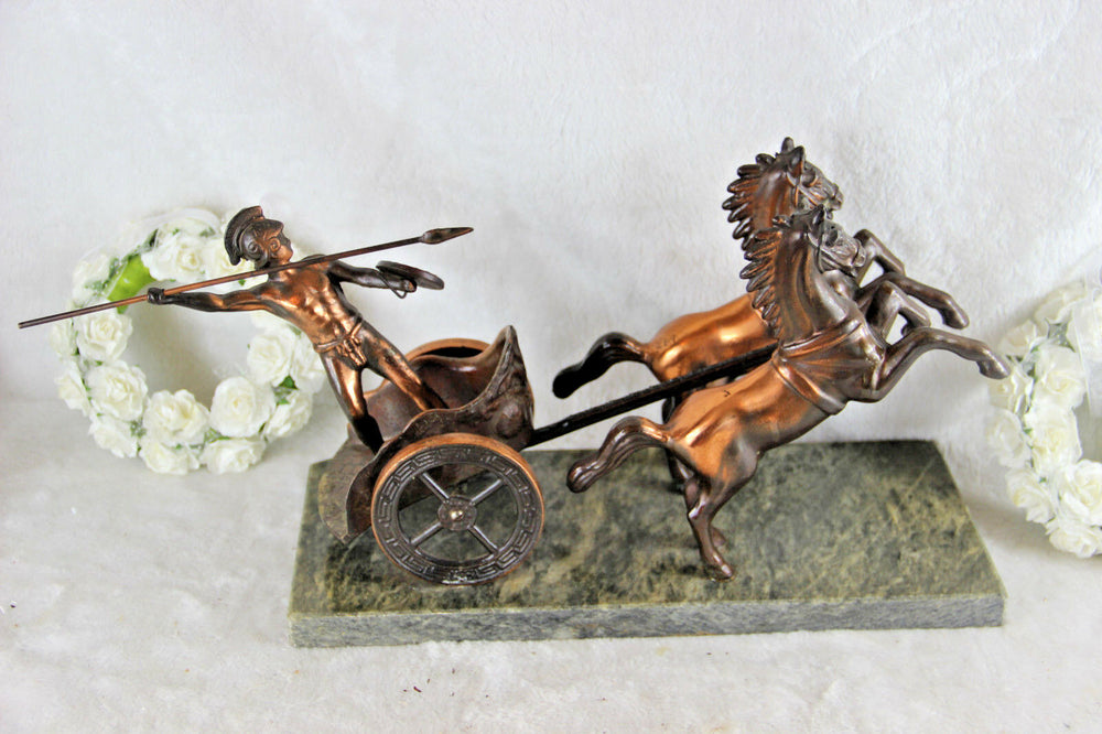 French Sculpture statue Gladiator roman chariot carriage horses marble base