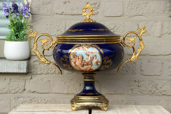 Huge french vintage cobalt blue Limoges porcelain centerpiece bowl