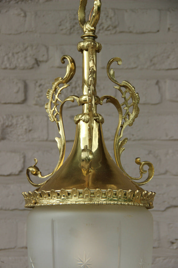 French Vintage 1970 Hall Lantern Chandelier Lamp crystal glass shade