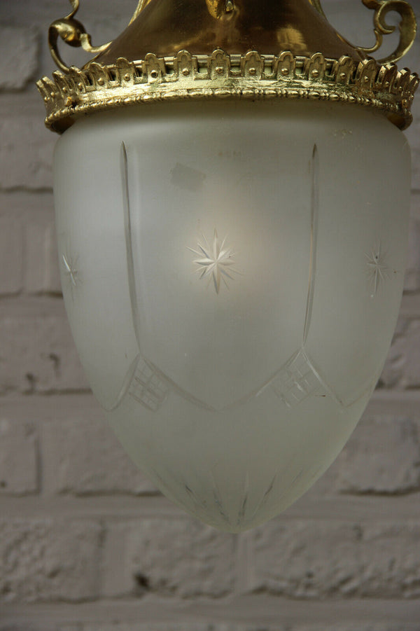 French Vintage 1970 Hall Lantern Chandelier Lamp crystal glass shade