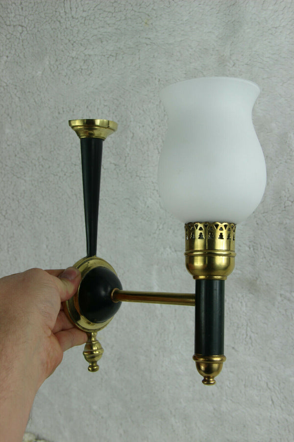 PAIR maison lunel arlus wall lights sconces opaline white glass shades 1970