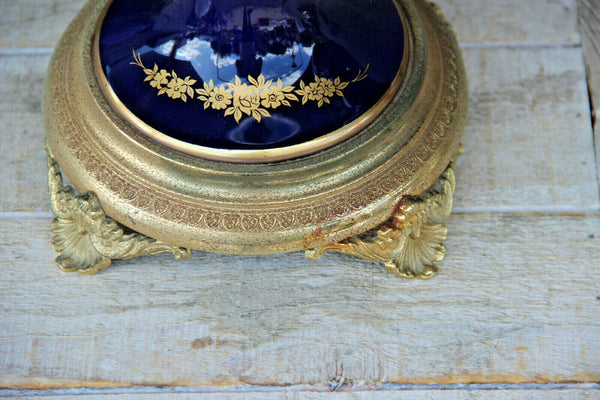 PAIR cobalt blue porcelain lidded Vases romantic decor marked 1950s