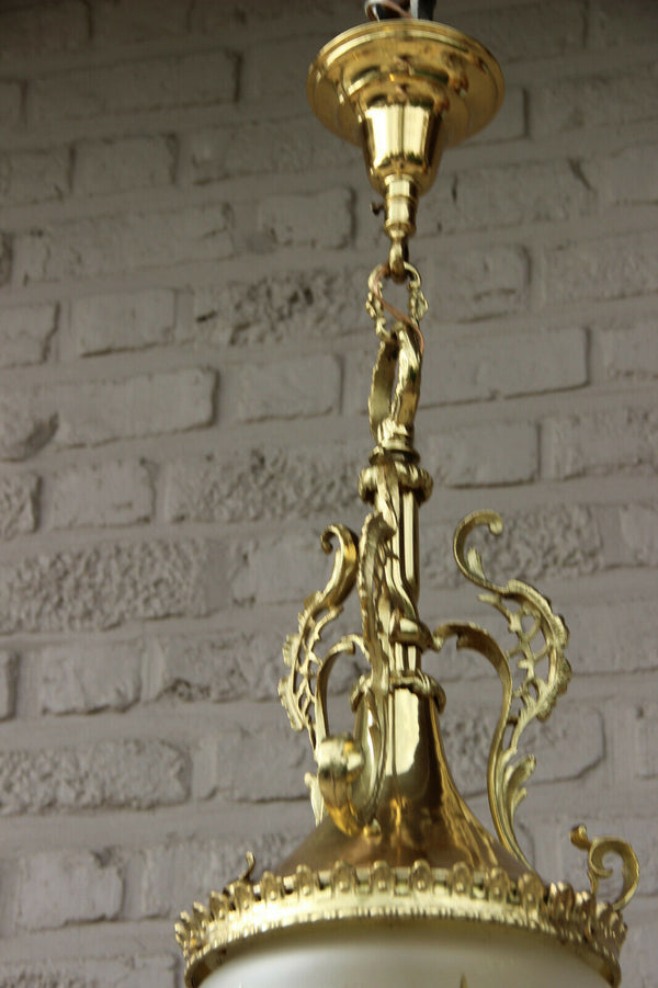 French Vintage 1970 Hall Lantern Chandelier Lamp crystal glass shade