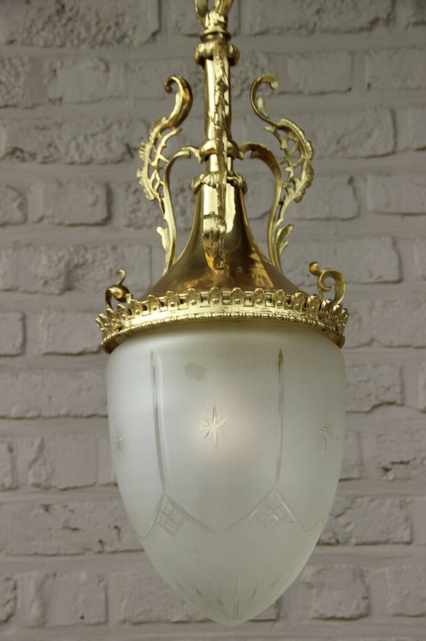 French Vintage 1970 Hall Lantern Chandelier Lamp crystal glass shade