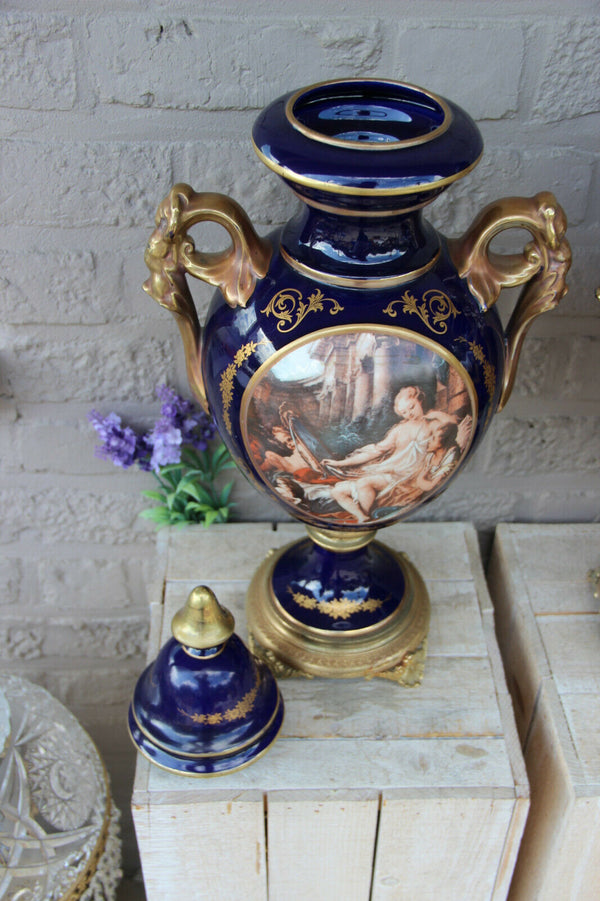PAIR cobalt blue porcelain lidded Vases romantic decor marked 1950s