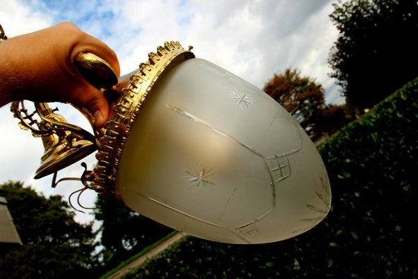 French Vintage 1970 Hall Lantern Chandelier Lamp crystal glass shade