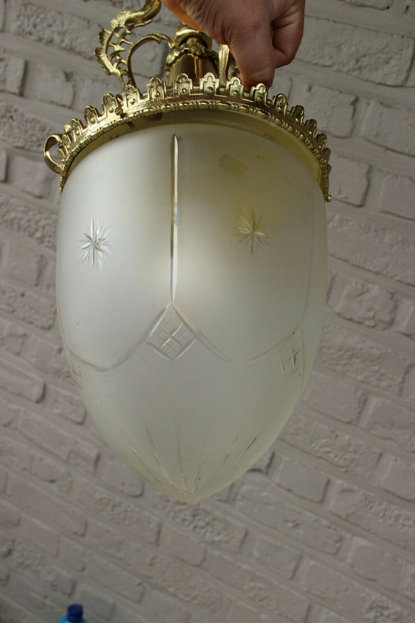 French Vintage 1970 Hall Lantern Chandelier Lamp crystal glass shade