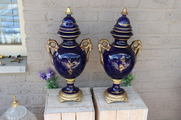 PAIR cobalt blue porcelain lidded Vases romantic decor marked 1950s