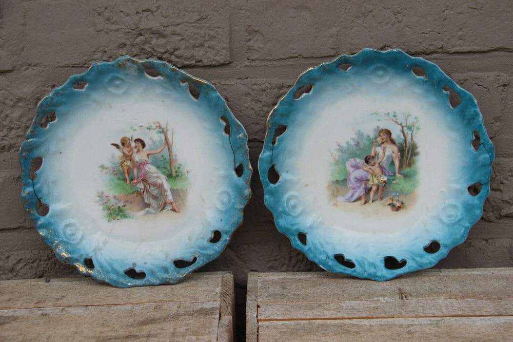 PAIR antique French limoges putti romantic scene porcelain plates