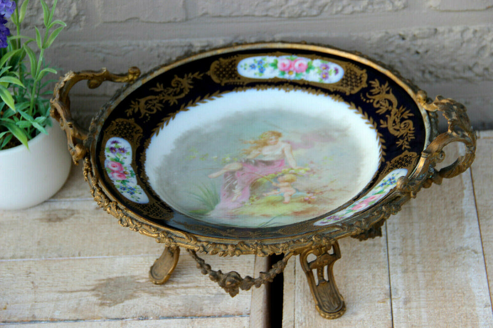 Antique Sevres porcelain centerpiece Bowl bronze base putti signed