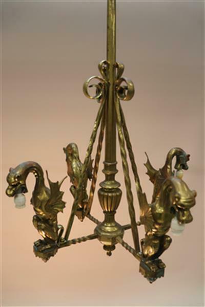 Antique 19thc french gothic castle bronze 4 dragon animal chandelier lamp rare