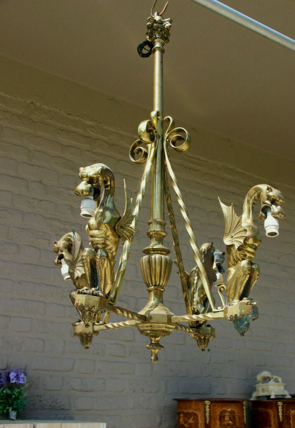 Antique 19thc french gothic castle bronze 4 dragon animal chandelier lamp rare