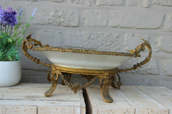 Antique Sevres porcelain centerpiece Bowl bronze base putti signed
