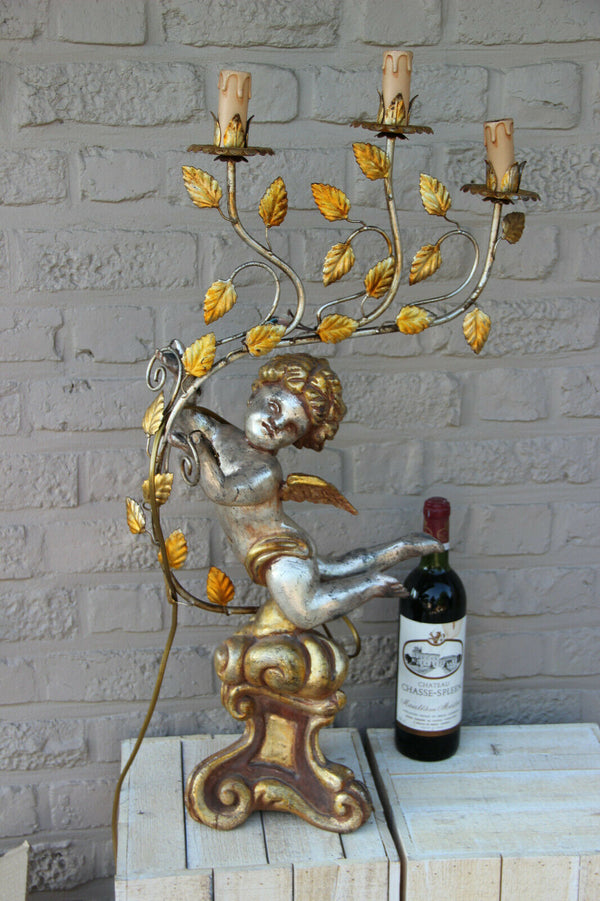 Vintage italian wood carved polychrome Angel putti lamp 1950