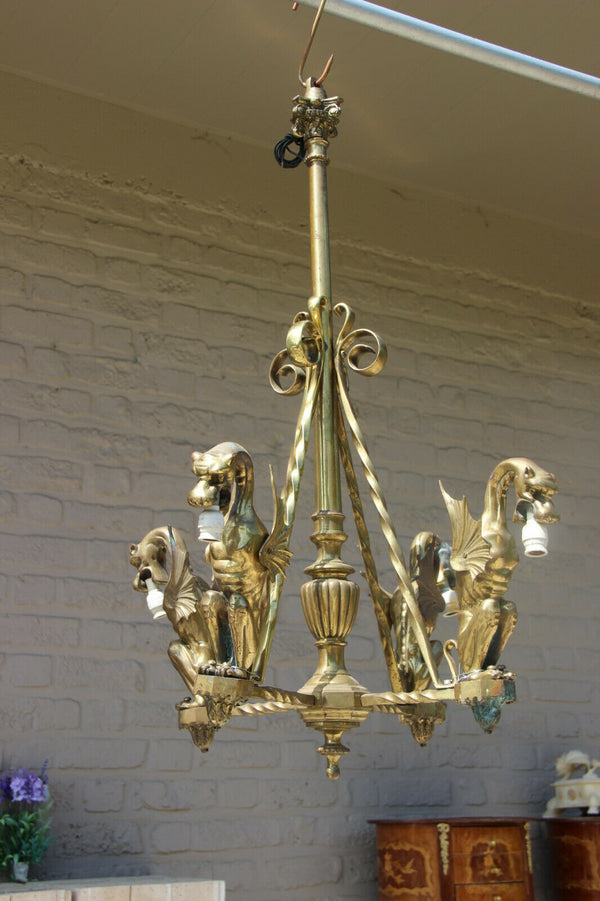 Antique 19thc french gothic castle bronze 4 dragon animal chandelier lamp rare