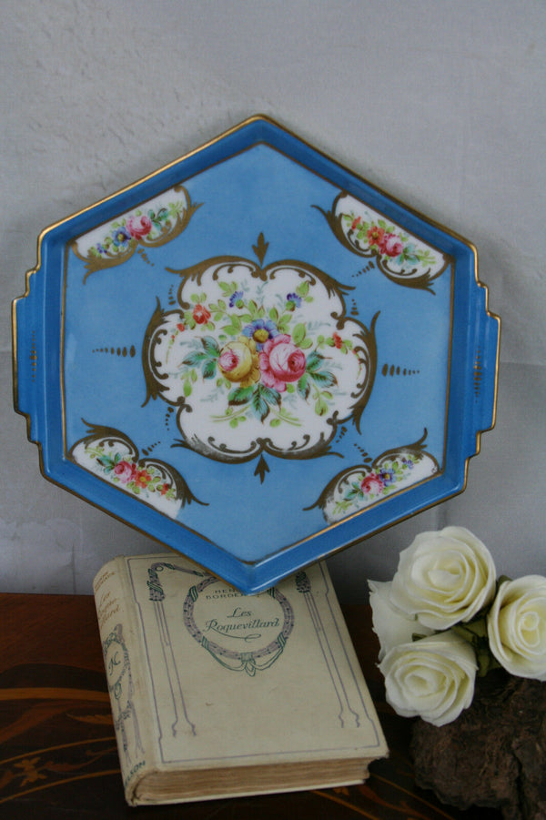 Antique French marked Porcelain Plate pie presentation tray  hand paint 1900