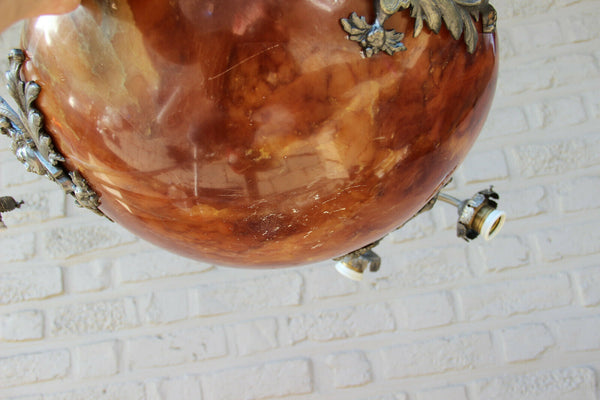 Antique French Alabaster Amber Coupe bowl Caryatid heads chandelier