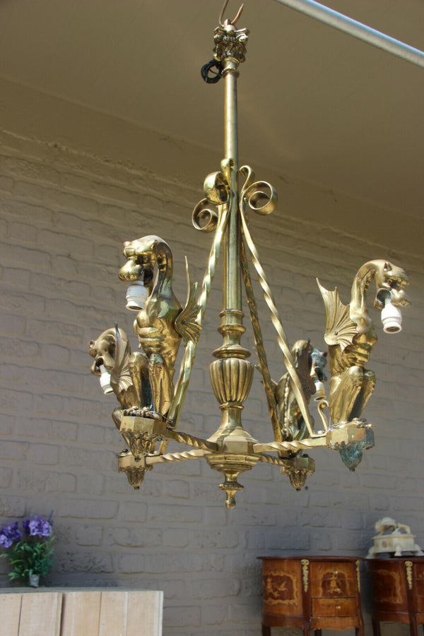 Antique 19thc french gothic castle bronze 4 dragon animal chandelier lamp rare