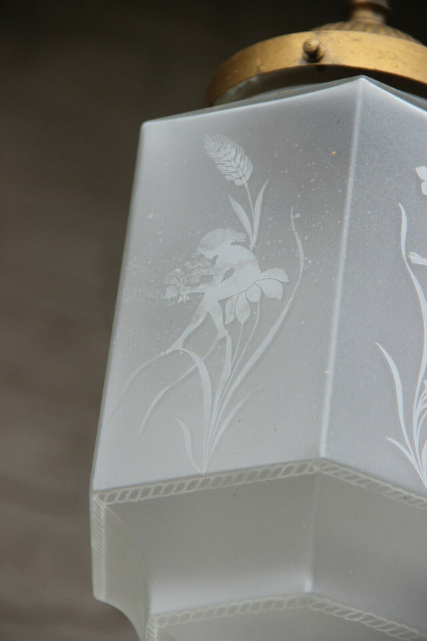 RAre French art deco glass etched Skyscraper LAntern Lamp chandelier putti