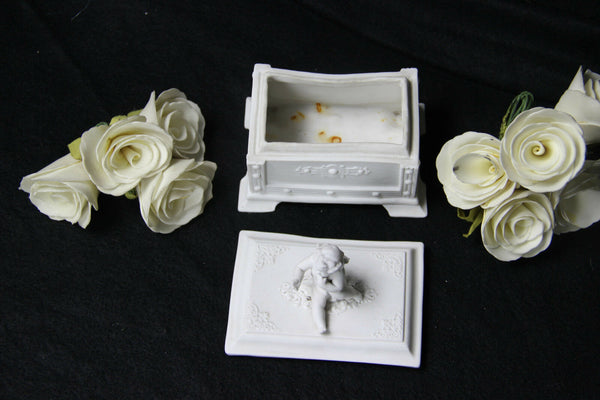 German Bisque porcelain marked Putti lidded box jewelry