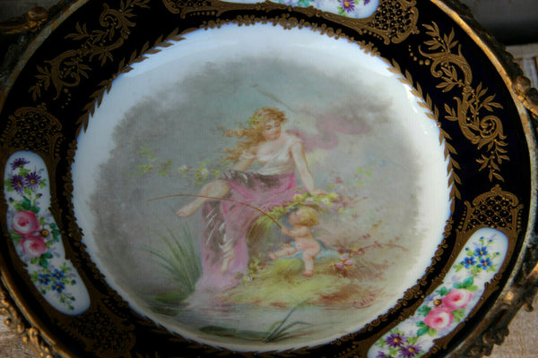 Antique Sevres porcelain centerpiece Bowl bronze base putti signed