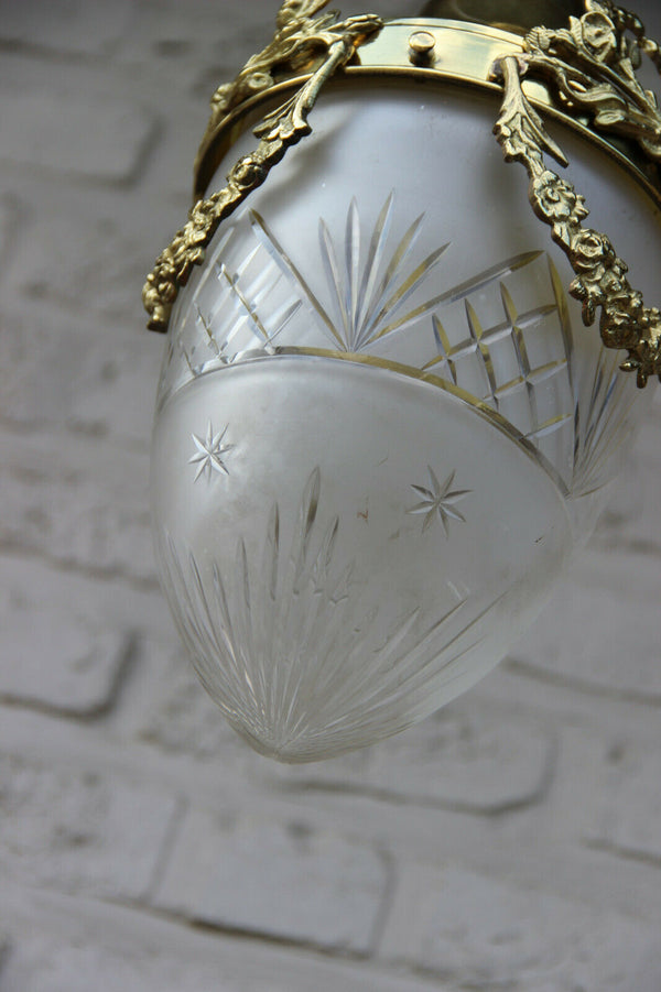 FRench Hall lantern chandelier brass crystal val saint lambert acorn shade