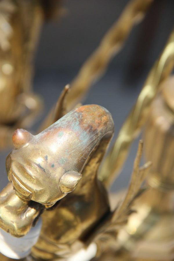 Antique 19thc french gothic castle bronze 4 dragon animal chandelier lamp rare