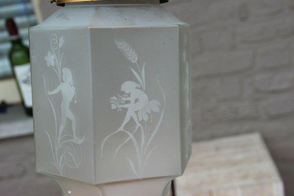 RAre French art deco glass etched Skyscraper LAntern Lamp chandelier putti