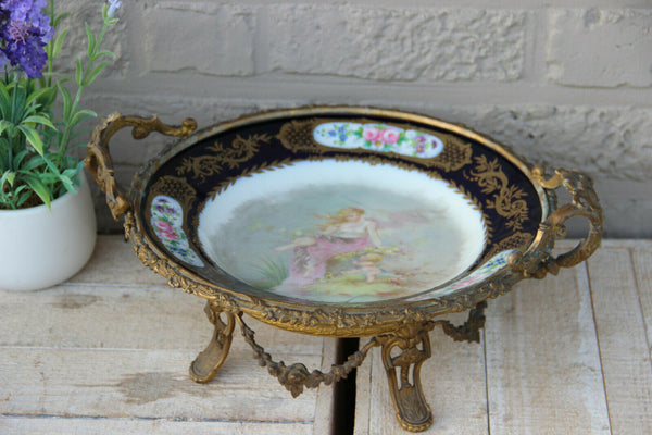 Antique Sevres porcelain centerpiece Bowl bronze base putti signed