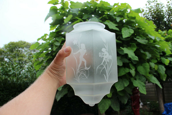 RAre French art deco glass etched Skyscraper LAntern Lamp chandelier putti