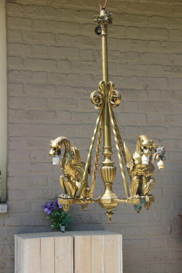 Antique 19thc french gothic castle bronze 4 dragon animal chandelier lamp rare