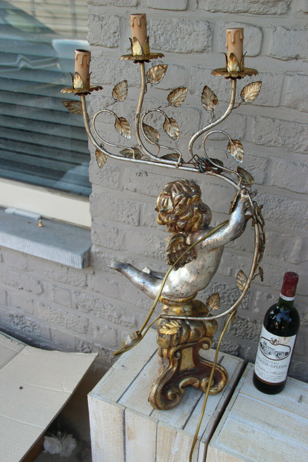 Vintage italian wood carved polychrome Angel putti lamp 1950