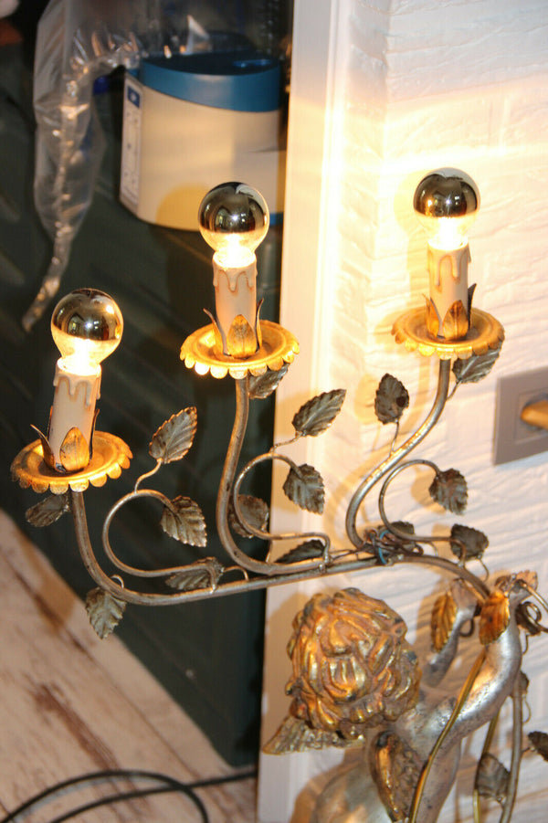 Vintage italian wood carved polychrome Angel putti lamp 1950