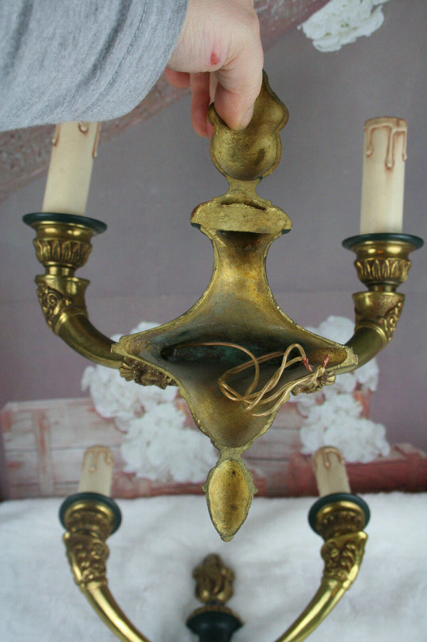 PAIR large FRench Empire Satyr heads green brass bronze sonces wall lights 1920