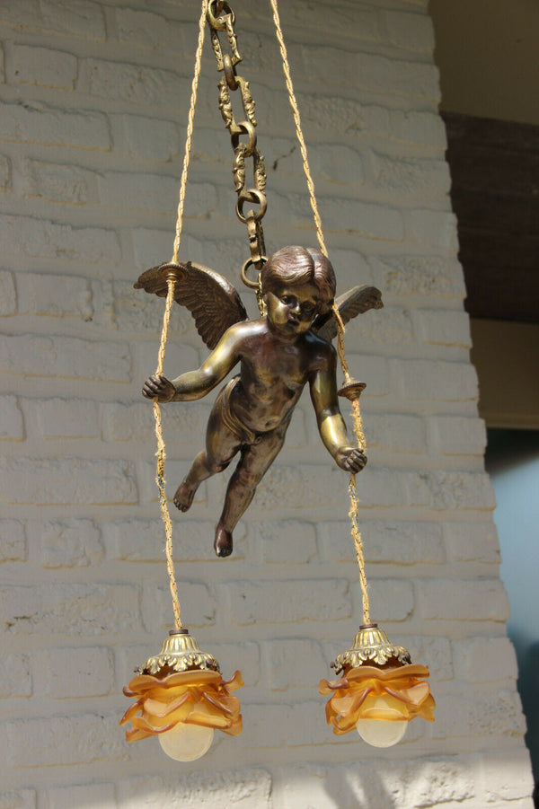 Antique French bronze angel putti pendant chandelier amber tulip shades 1900