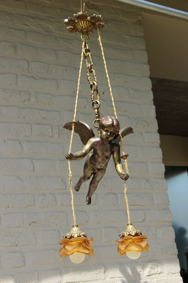 Antique French bronze angel putti pendant chandelier amber tulip shades 1900