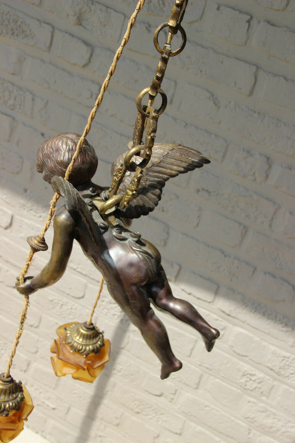 Antique French bronze angel putti pendant chandelier amber tulip shades 1900