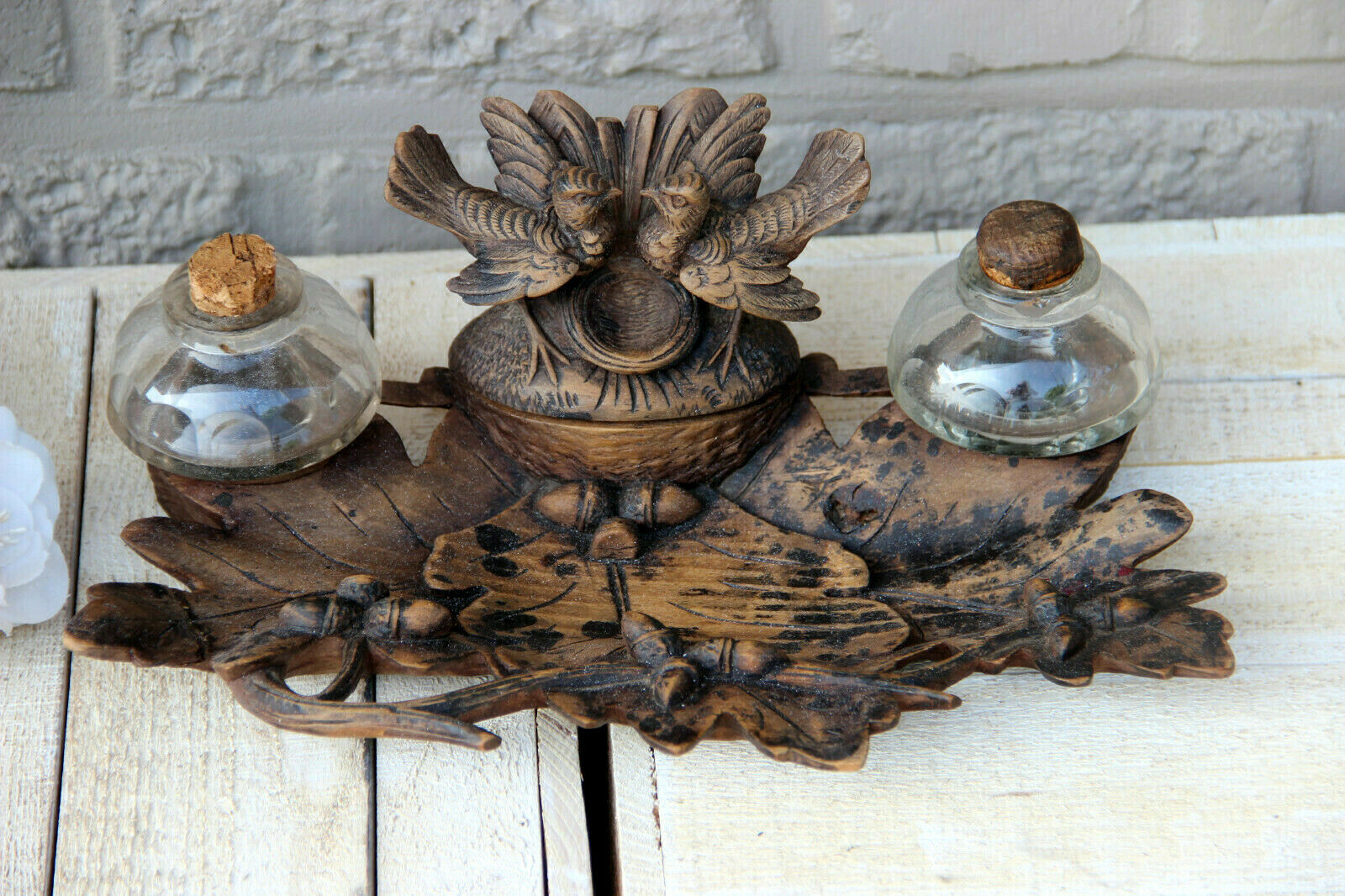 Antique BLACK FOREST wood carved rare inkwell birds couple animal