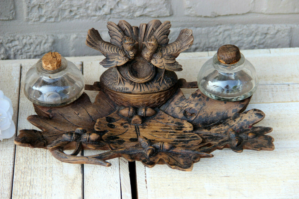 Antique BLACK FOREST wood carved rare inkwell birds couple animal