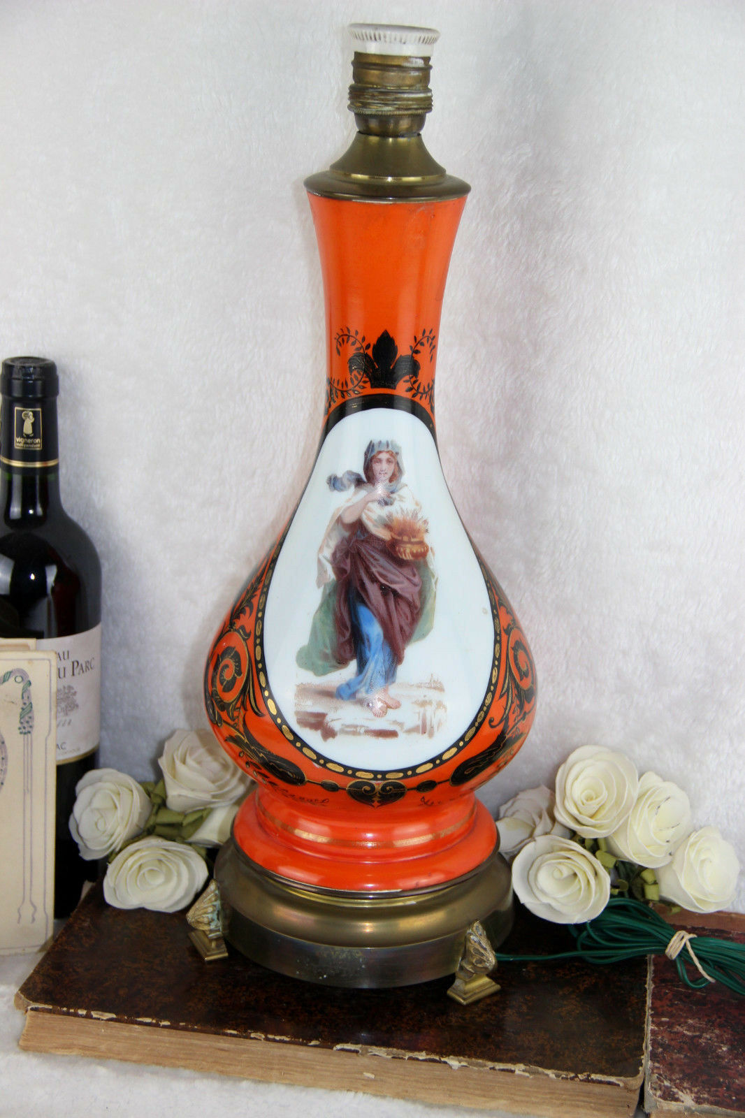 A gorgeous vtg french porcelain lamp with art nouveau lady and dragon motifs 60'