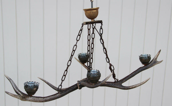 Vintage hunting cabin Antlers resin cast 4 lights pendant chandelier 1970's