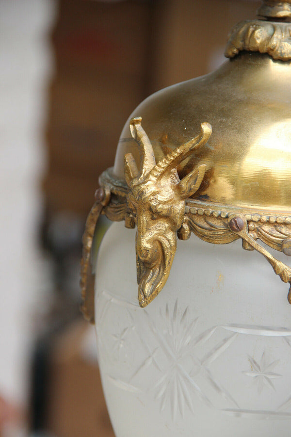 Antique french bronze crystal glass lantern chandelier eagle ram heads