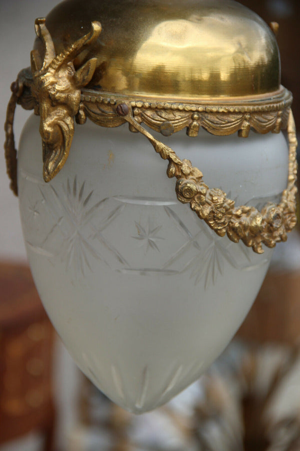 Antique french bronze crystal glass lantern chandelier eagle ram heads
