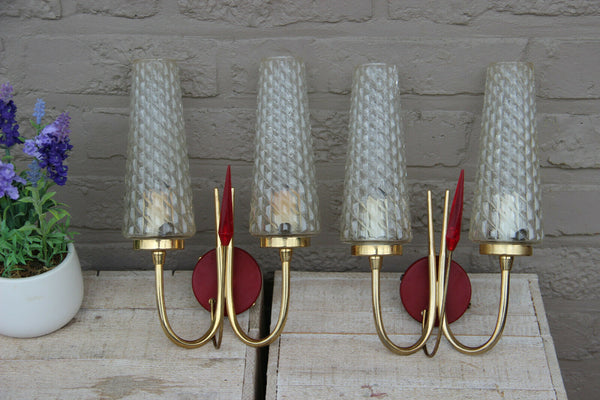 PAIR mid century Retro 1950 Maison LUNEL Wall lights sconces glass shades