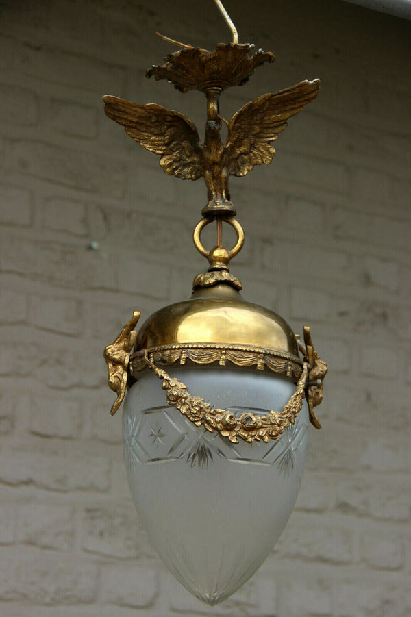 Antique french bronze crystal glass lantern chandelier eagle ram heads