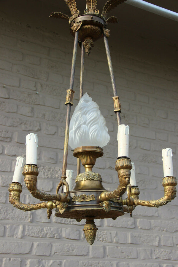 Antique empire french bronze portrait putti heads chandelier torch flame shade